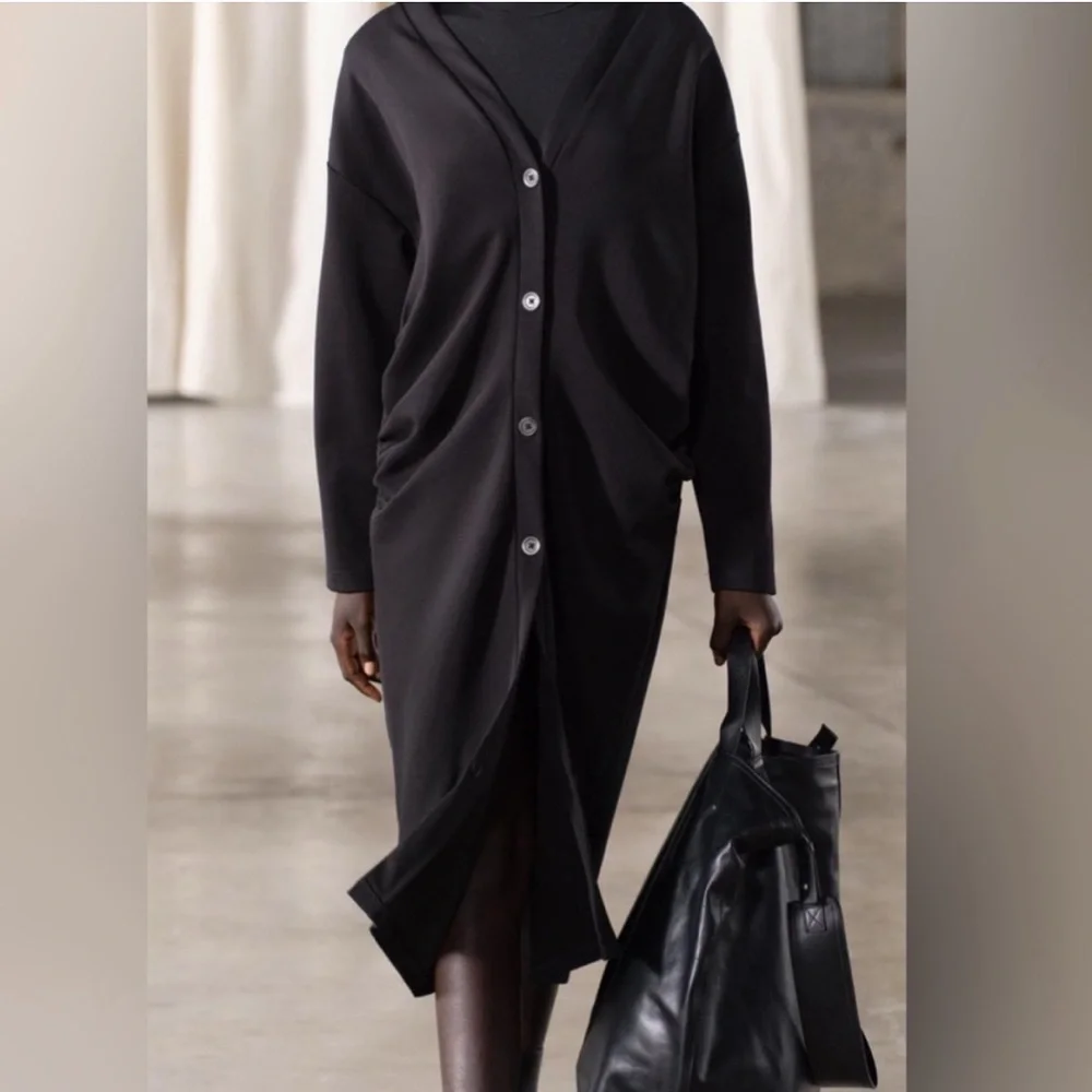ZARA LONG RUCHED BUTTON-DOWN OVERSIZED COCOON STYLE CARDIGAN JACKET BLACK SZ M